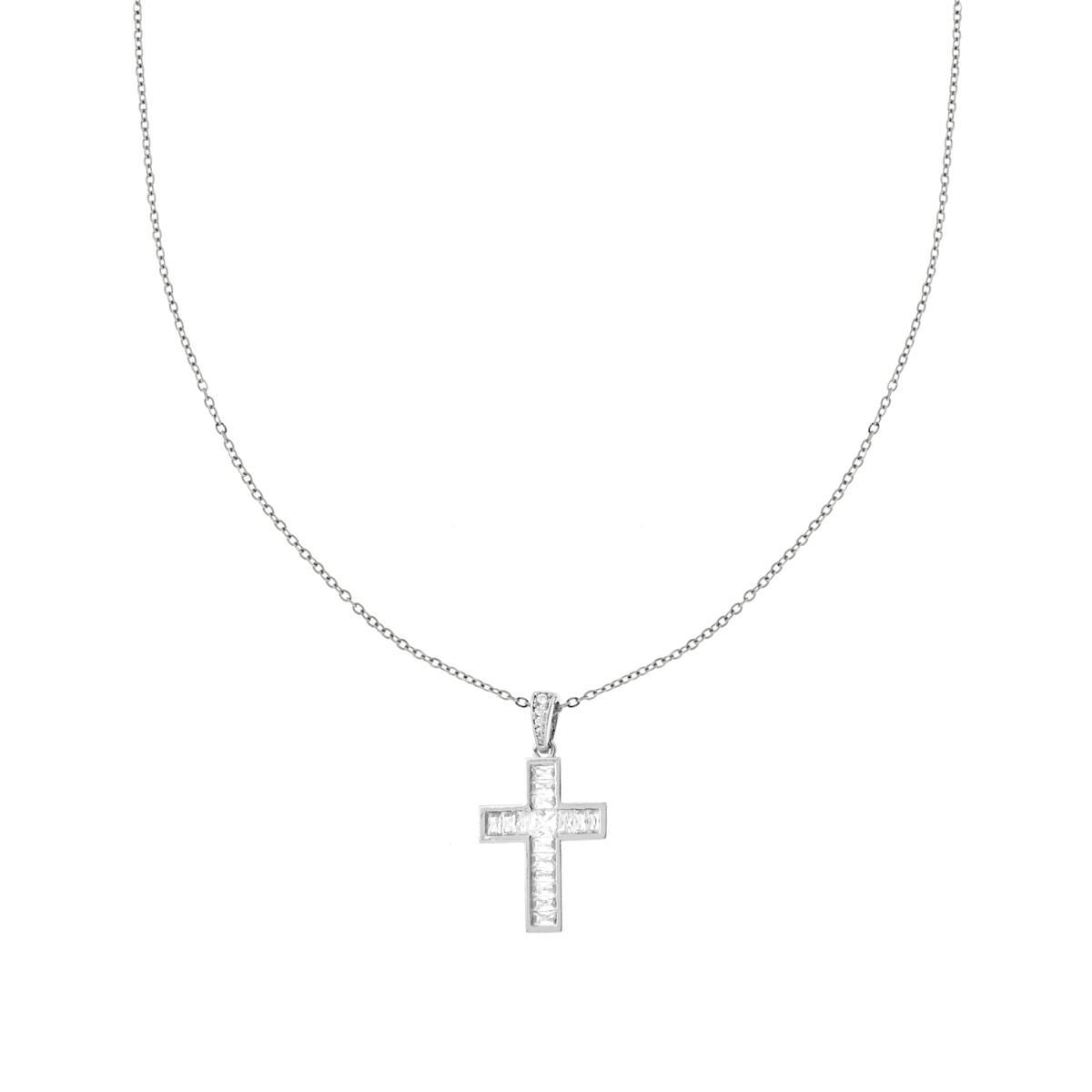 Collana Catena Forzatina Diamantata con Croce e Crystal Bianchi in ACCIAIO e OTTONE