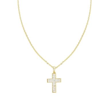 Collana Catena Forzatina Diamantata con Croce e Crystal Bianco in ACCIAIO e OTTONE colore Oro