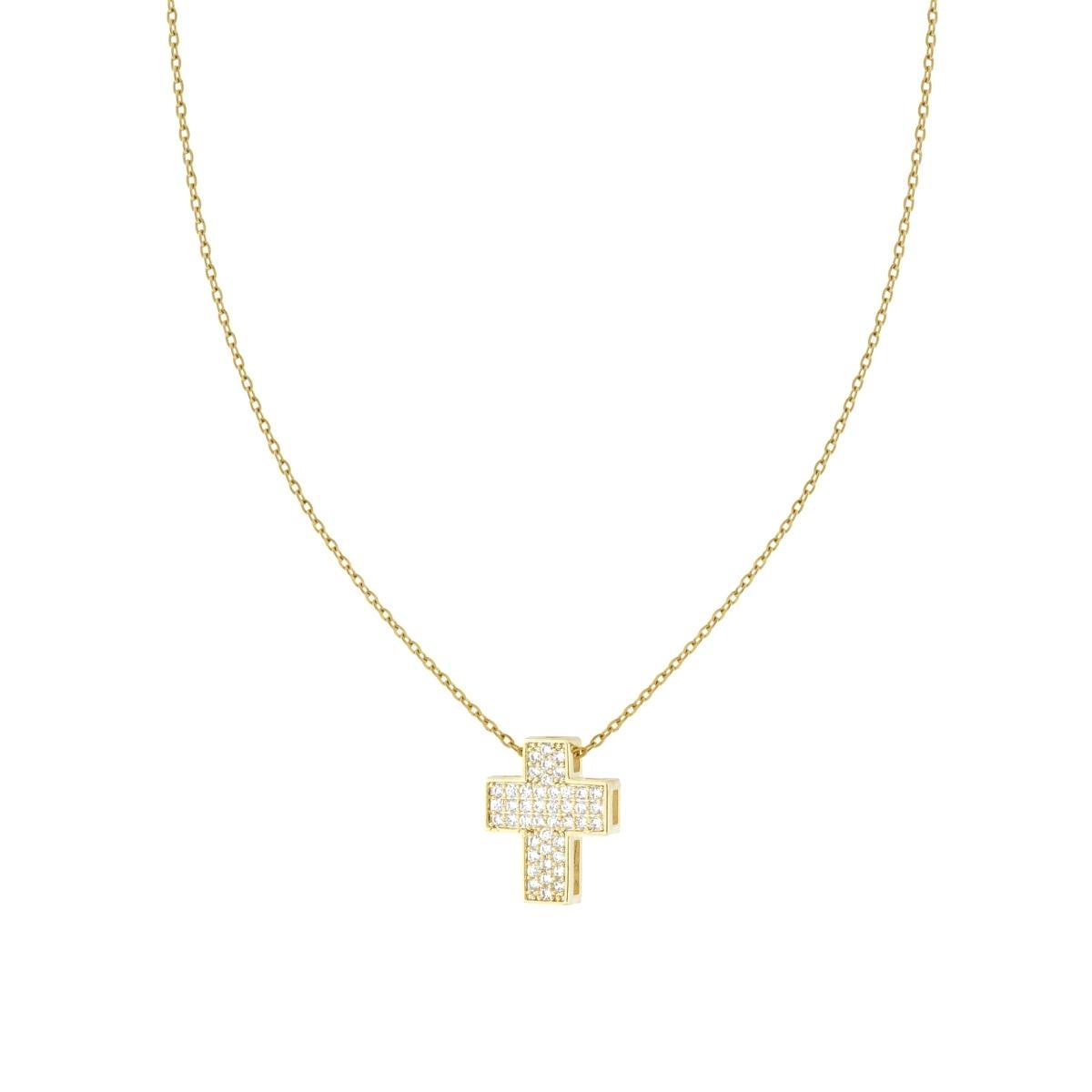 Collana Catena Forzatina Diamantata con Croce e Crystal Bianco in ACCIAIO e OTTONE colore Oro