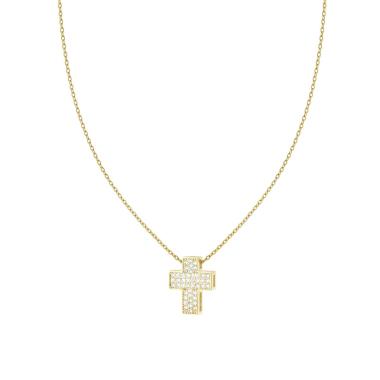 Collana Catena Forzatina Diamantata con Croce e Crystal Bianco in ACCIAIO e OTTONE colore Oro
