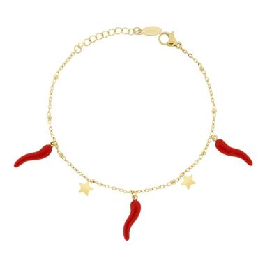 Bracciale Catena Forzatina con Stelle plain e Corni portafortuna smalto Rosso in ACCIAIO colore Oro