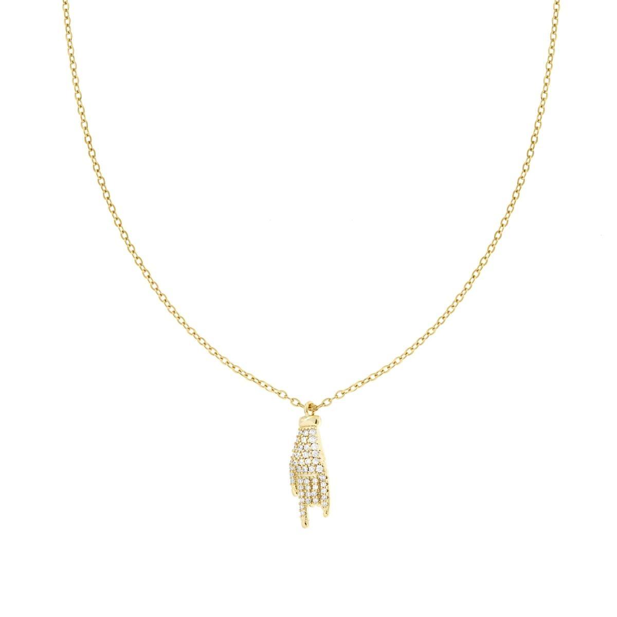 Collana Catena Forzatina Diamantata con Mano Corna Portafortuna e Crystal Bianchi in ACCIAIO e OTTONE colore Oro