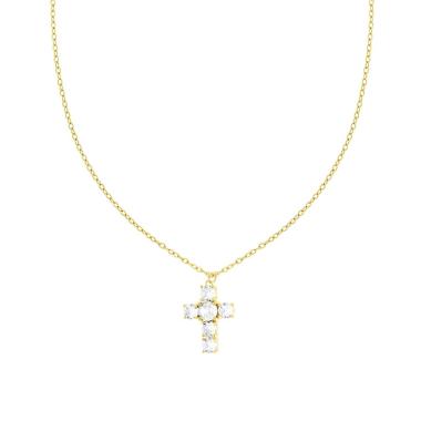 Collana Catena Forzatina Diamantata con Croce e Crystal Bianchi in ACCIAIO colore Oro
