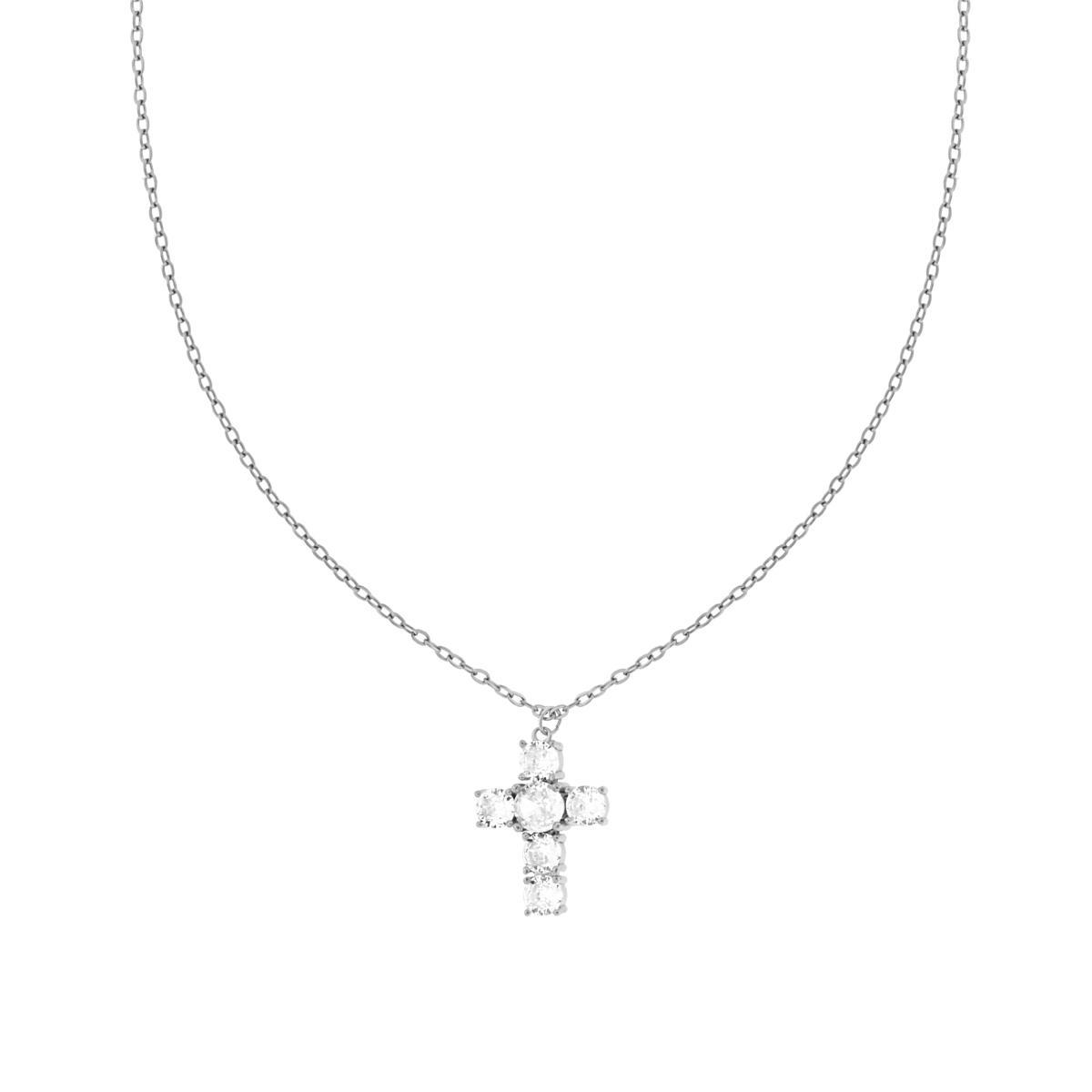 Collana Catena Forzatina Diamantata con Croce e Crystal Bianchi in ACCIAIO