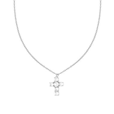 Collana Catena Forzatina Diamantata con Croce e Crystal Bianchi in ACCIAIO