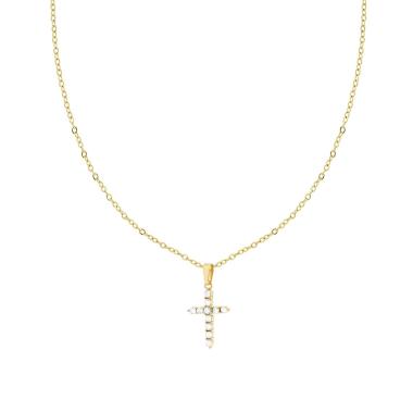 Collana Catena Forzatina Diamantata con Croce e Crystal Bianchi in ACCIAIO colore Oro