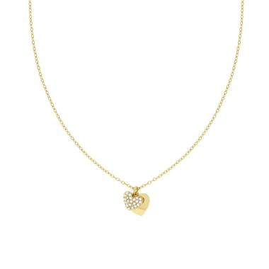 Collana Catena Forzatina Diamantata con Cuori e Crystal Bianchi in ACCIAIO colore Oro