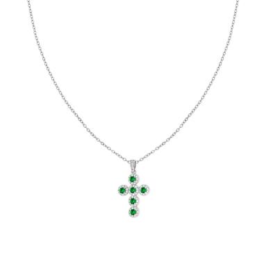 Collana Catena Forzatina Diamantata con Croce Crystal Verde Smeraldo e Bianchi in ACCIAIO e OTTONE