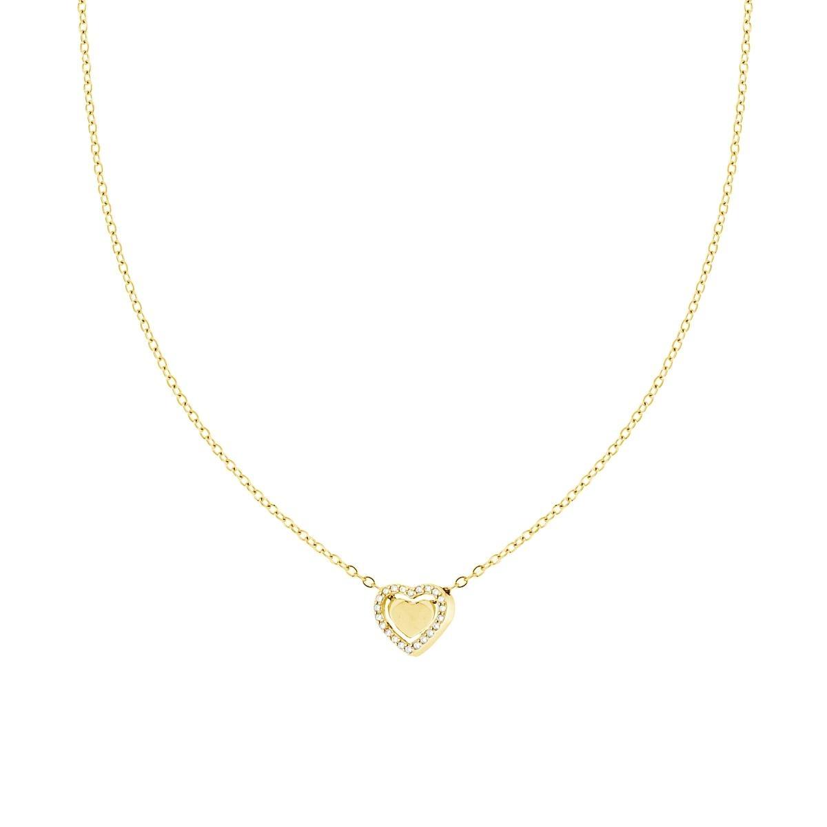 Collana Catena Forzatina Diamantata con doppio Cuore e Crystal Bianchi in ACCIAIO colore Oro