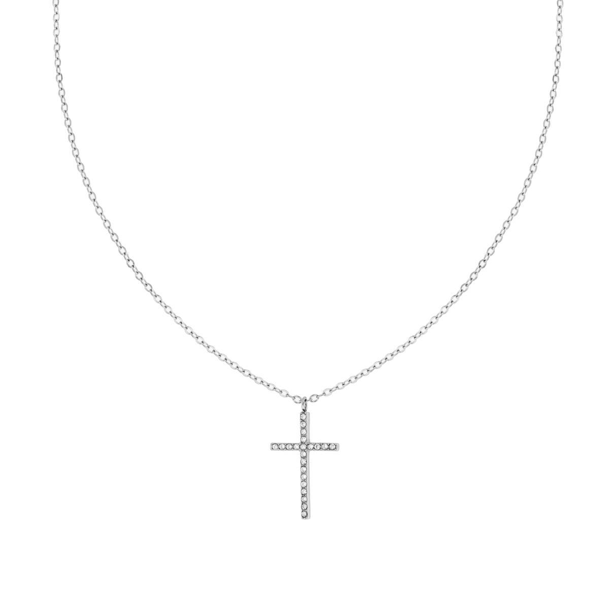 Collana Catena Forzatina Diamantata con Croce e Crystal Bianchi in ACCIAIO