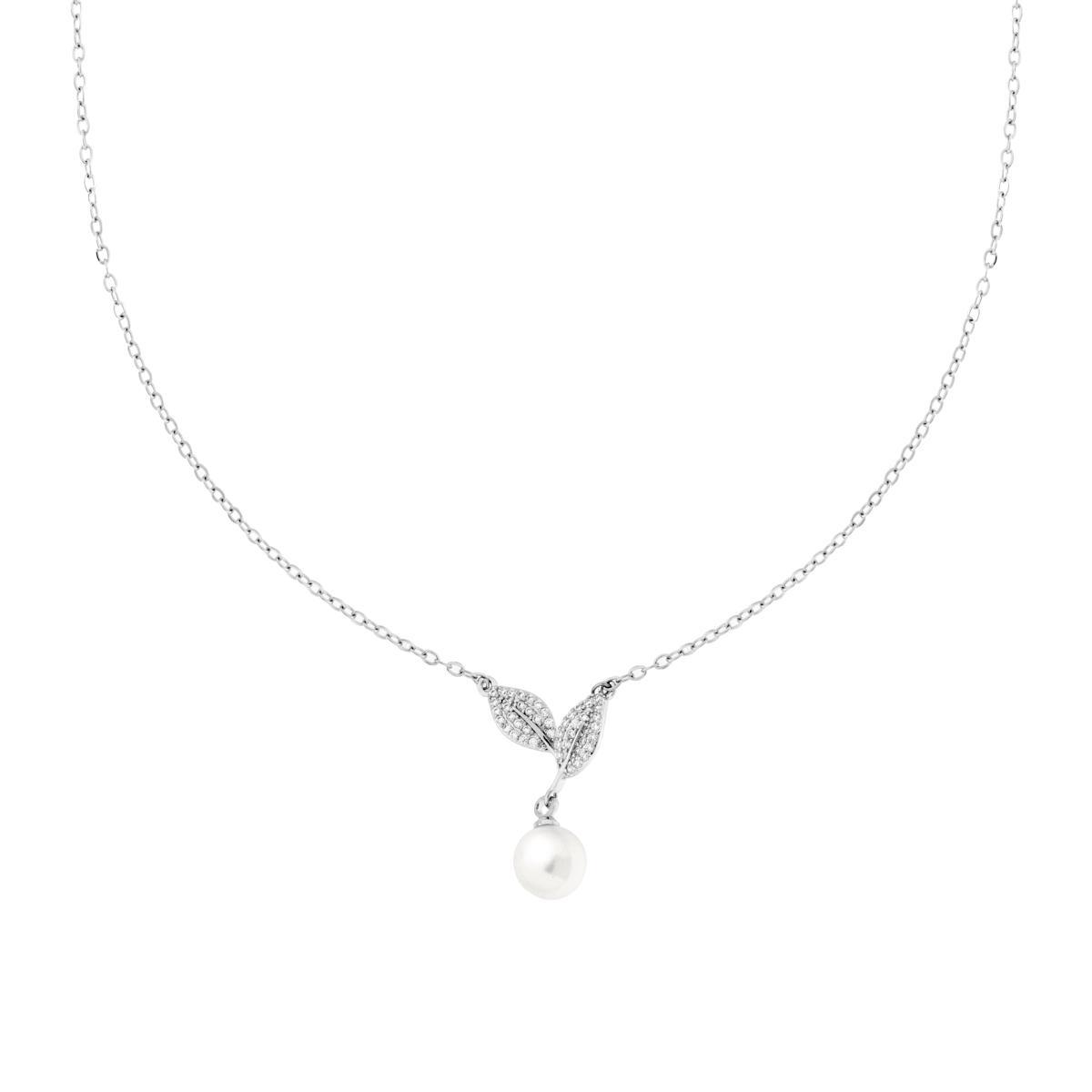 Collana Catena Forzatina con Foglie Crystal Bianchi e Perla in ACCIAIO E OTTONE