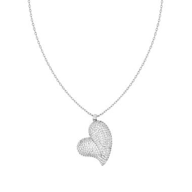 Collana Catena Forzatina con Cuore Bombato e Crystal Bianchi in ACCIAIO E OTTONE