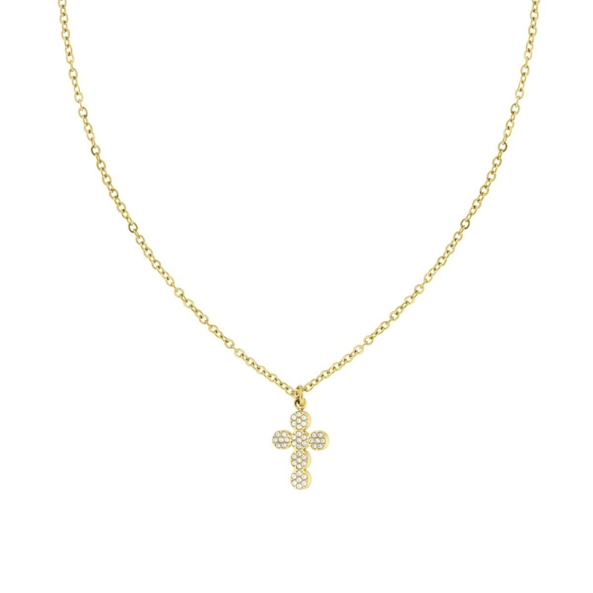 Collana Catena Forzatina con Croce e Crystal Bianchi in ACCIAIO colore Oro
