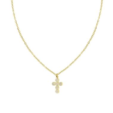 Collana Catena Forzatina con Croce e Crystal Bianchi in ACCIAIO colore Oro