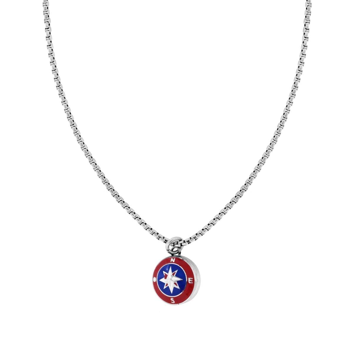 Collana Catena Veneziana Tonda con Rosa dei Venti Smalto Rosso e Blu in ACCIAIO