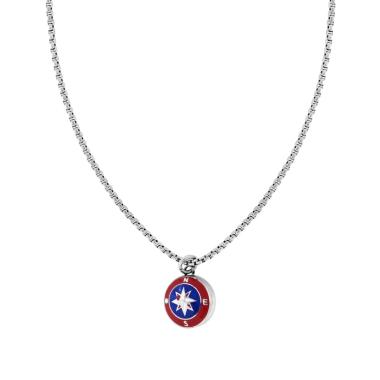Collana Catena Veneziana Tonda con Rosa dei Venti Smalto Rosso e Blu in ACCIAIO