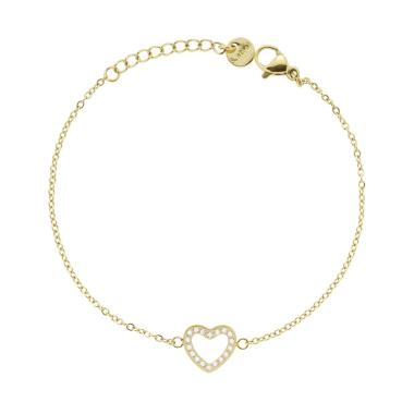 Bracciale Catena Forzatina Diamantata con Cuore e Crystal Bianchi in ACCIAIO colore Oro