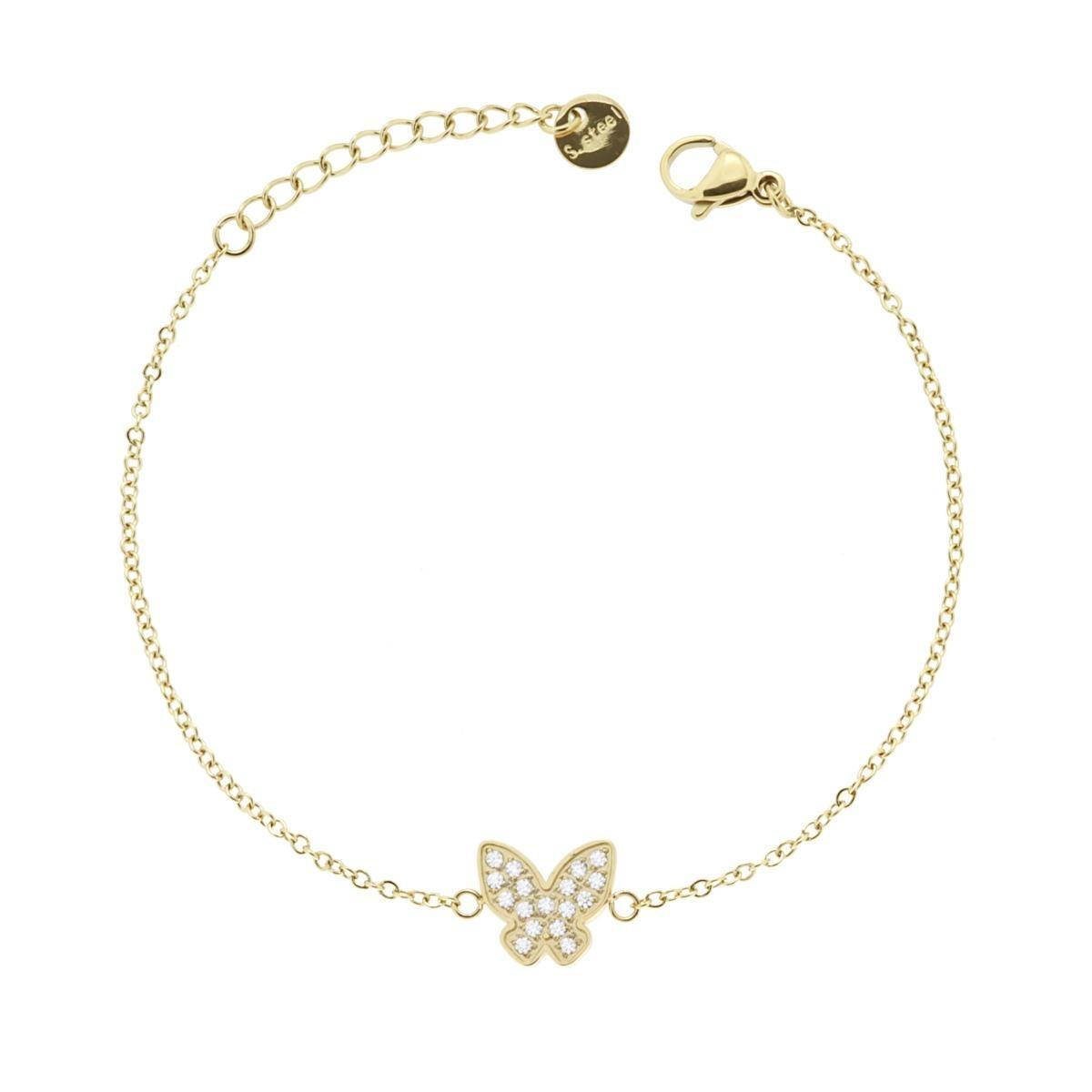 Bracciale Catena Forzatina Diamantata con Farfalla e Crystal Bianchi in ACCIAIO colore Oro