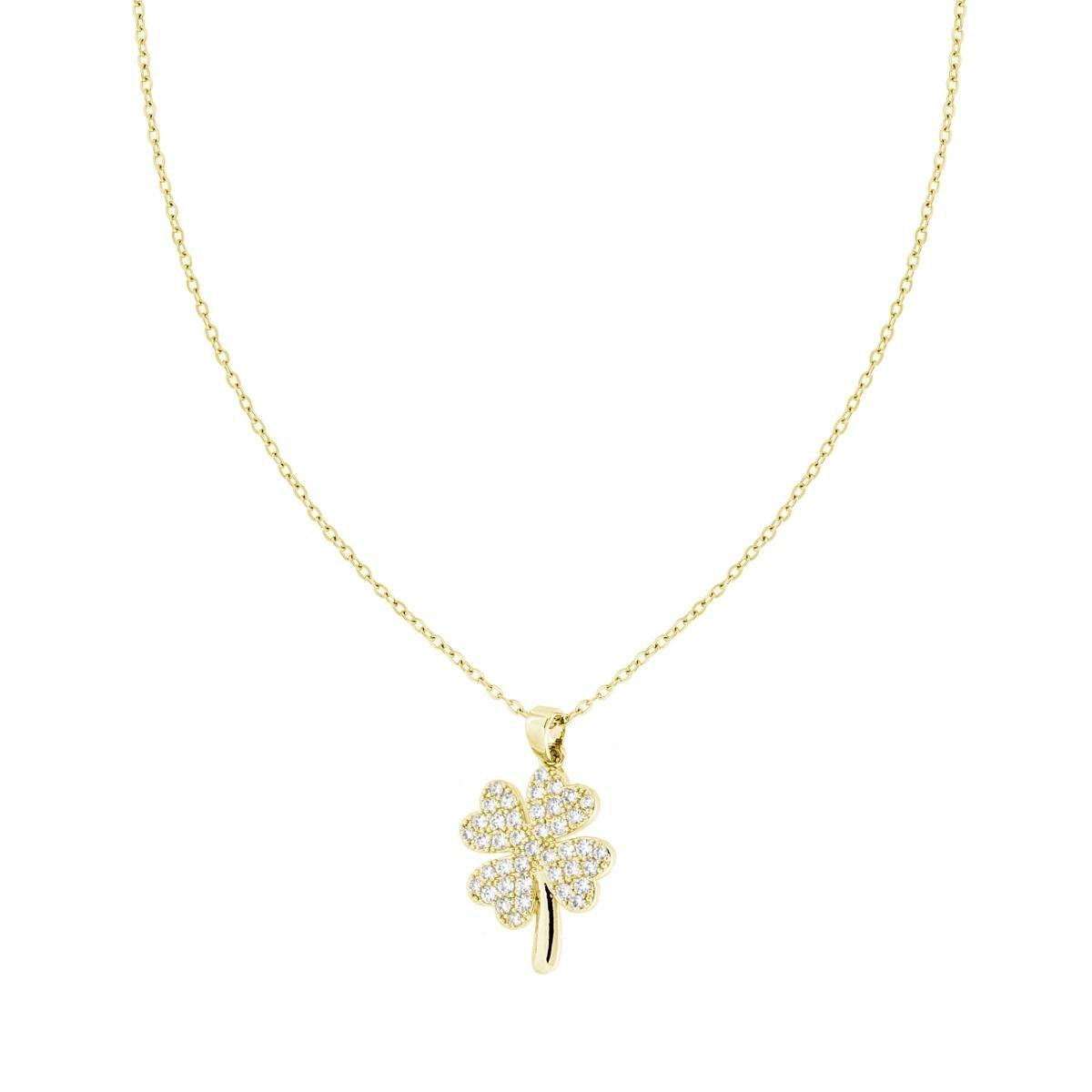 Collana Catena Forzatina Diamantata con Quadrifoglio e Crystal Bianchi n ACCIAIO colore Oro