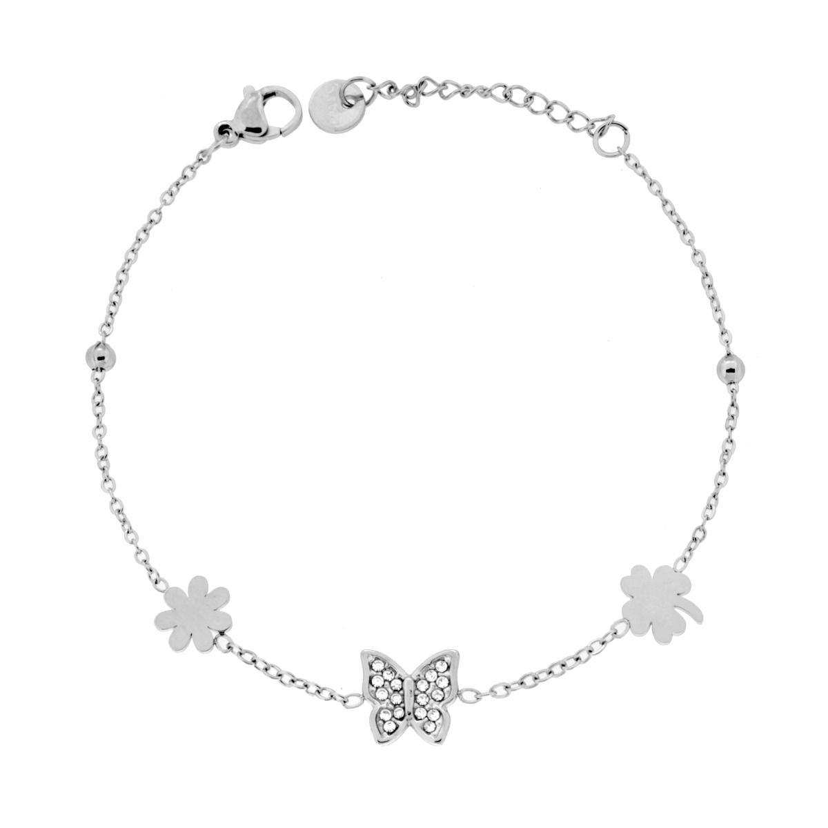 Bracciale Catena Forzatina Diamantata con Farfalla Quadrifoglio Fiore e Crystal Bianchi in ACCIAIO