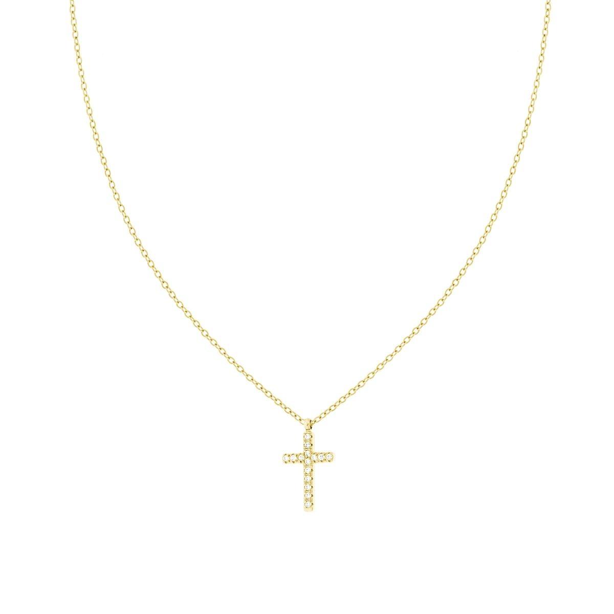 Collana Catena Forzatina Diamantata con Croce e Crystal Bianchi in ACCIAIO colore Oro