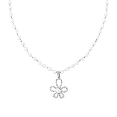 Collana Catena con Perle e Fiore Crystal Bianchi in ACCIAIO
