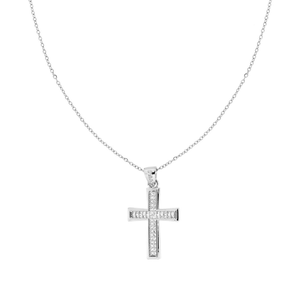 Collana Catena Forzatina Diamantata con Croce e Crystal Bianchi in ACCIAIO