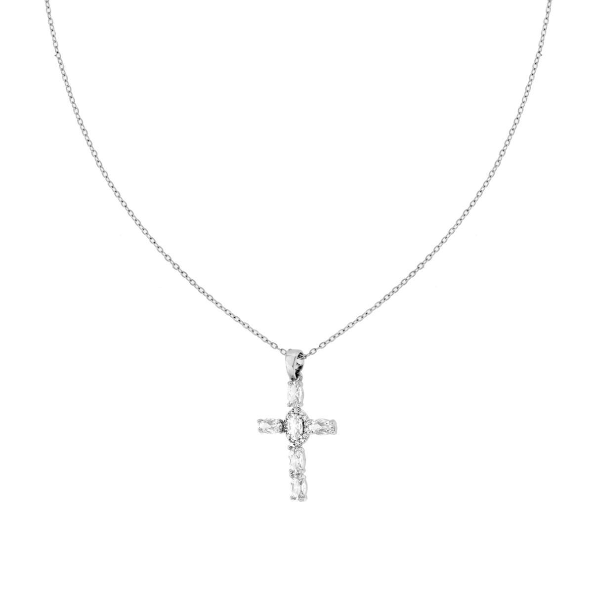 Collana Catena Forzatina Diamantata con Croce e Crystal Bianchi Ovali in ACCIAIO
