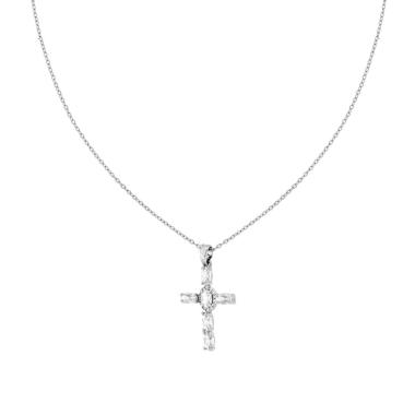 Collana Catena Forzatina Diamantata con Croce e Crystal Bianchi Ovali in ACCIAIO