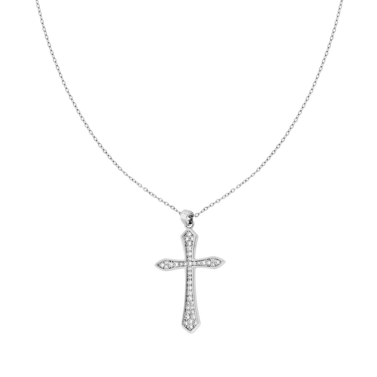 Collana Catena Forzatina Diamantata con Croce e Crystal Bianchi in ACCIAIO