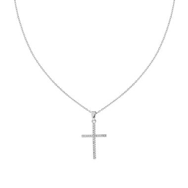 Collana Catena Forzatina Diamantata con Croce e Crystal Bianchi in ACCIAIO