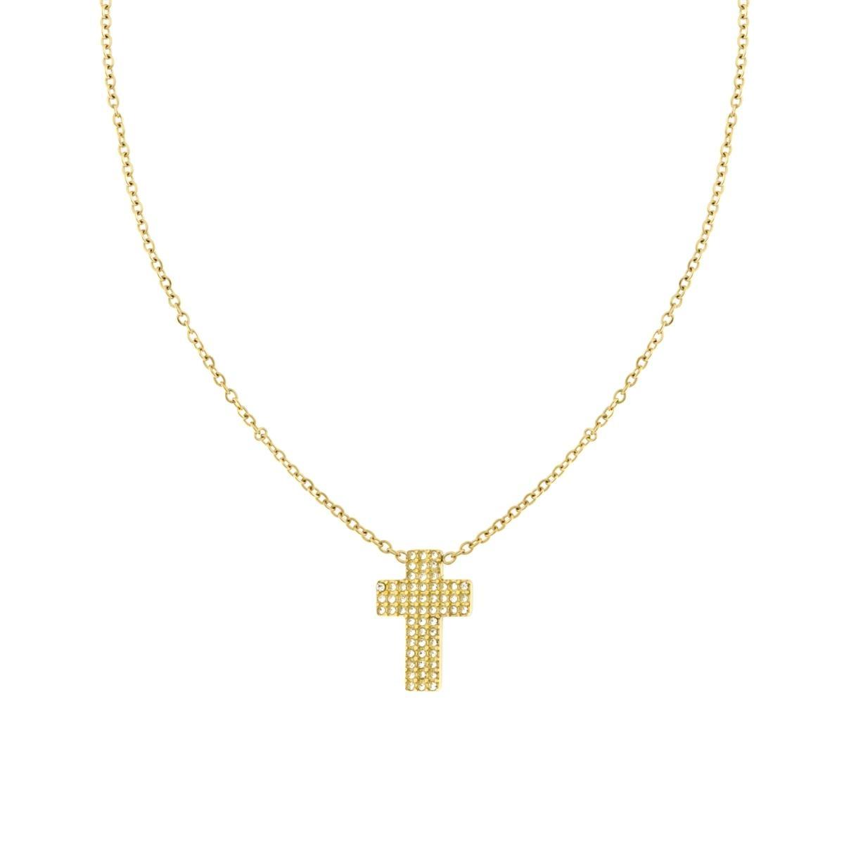 Collana Catena Forzatina Diamantata con Croce e Crystal Bianchi in ACCIAIO colore Oro