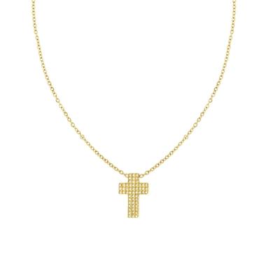 Collana Catena Forzatina Diamantata con Croce e Crystal Bianchi in ACCIAIO colore Oro