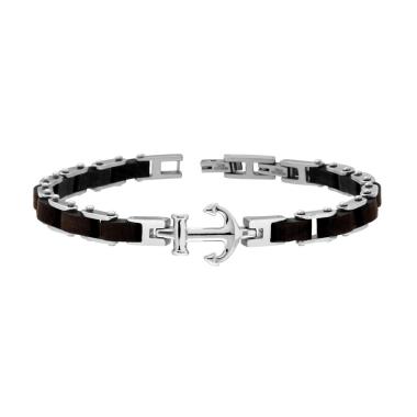 Bracciale Uomo Maglia Imperniata in Legno Nero e Ancora in ACCIAIO