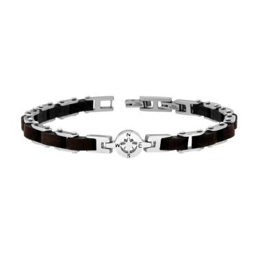 Bracciale Uomo Maglia Imperniata in Legno Nero e Rosa dei Venti in ACCIAIO
