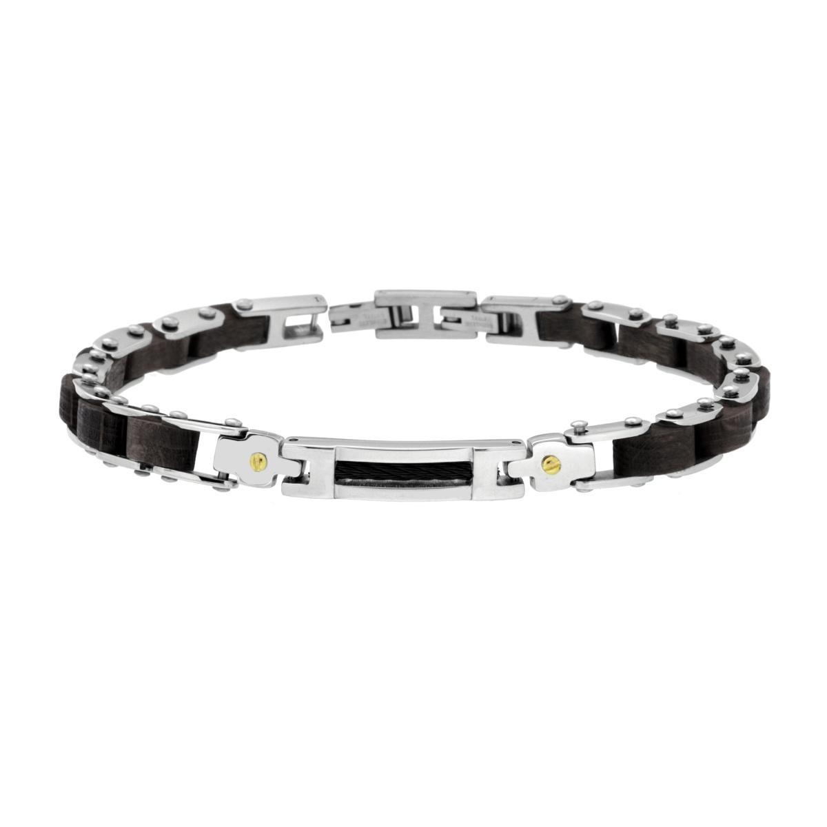 Bracciale Uomo Maglia Imperniata in Legno Nero e Targa in ACCIAIO