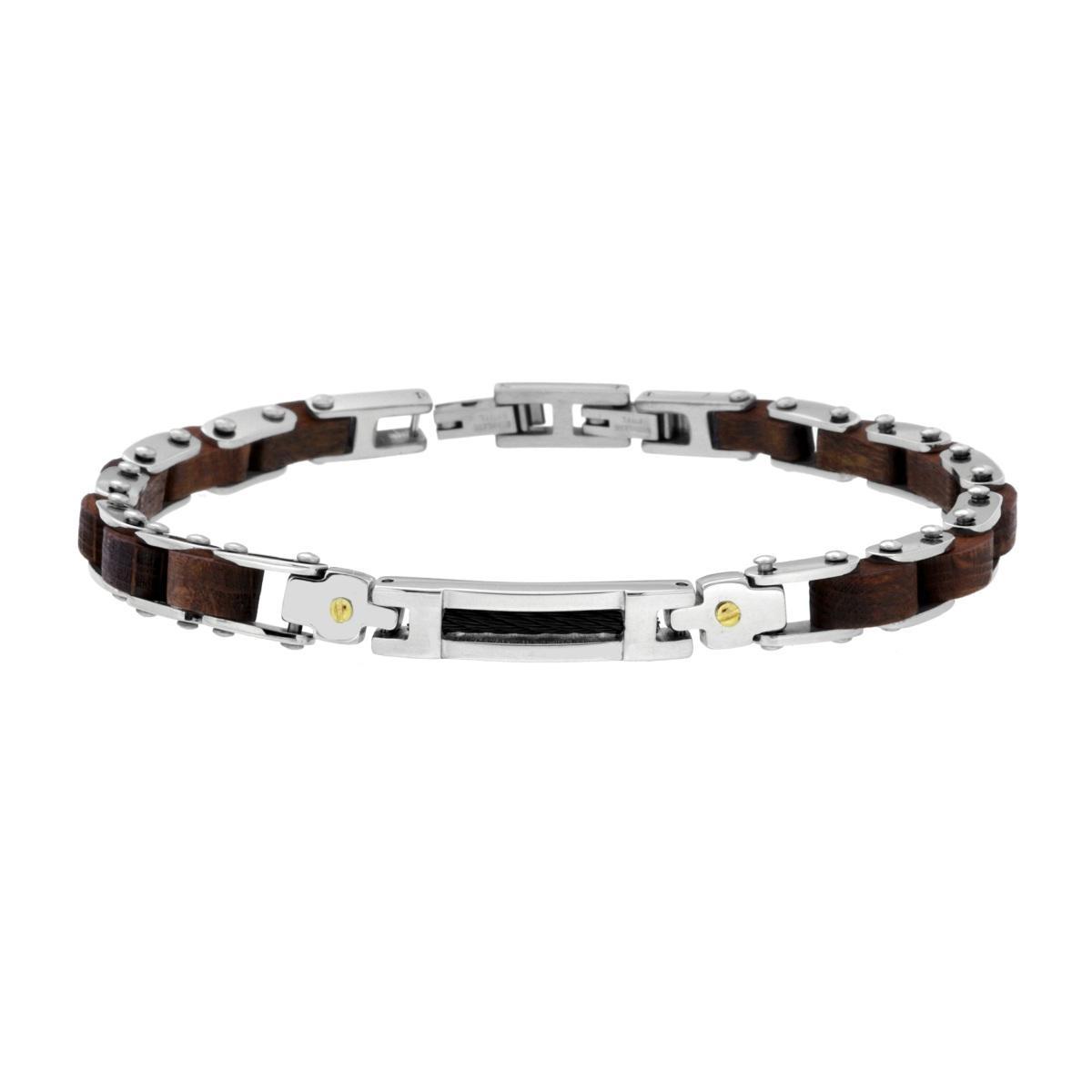 Bracciale Uomo Maglia Imperniata in Legno e Targa in ACCIAIO