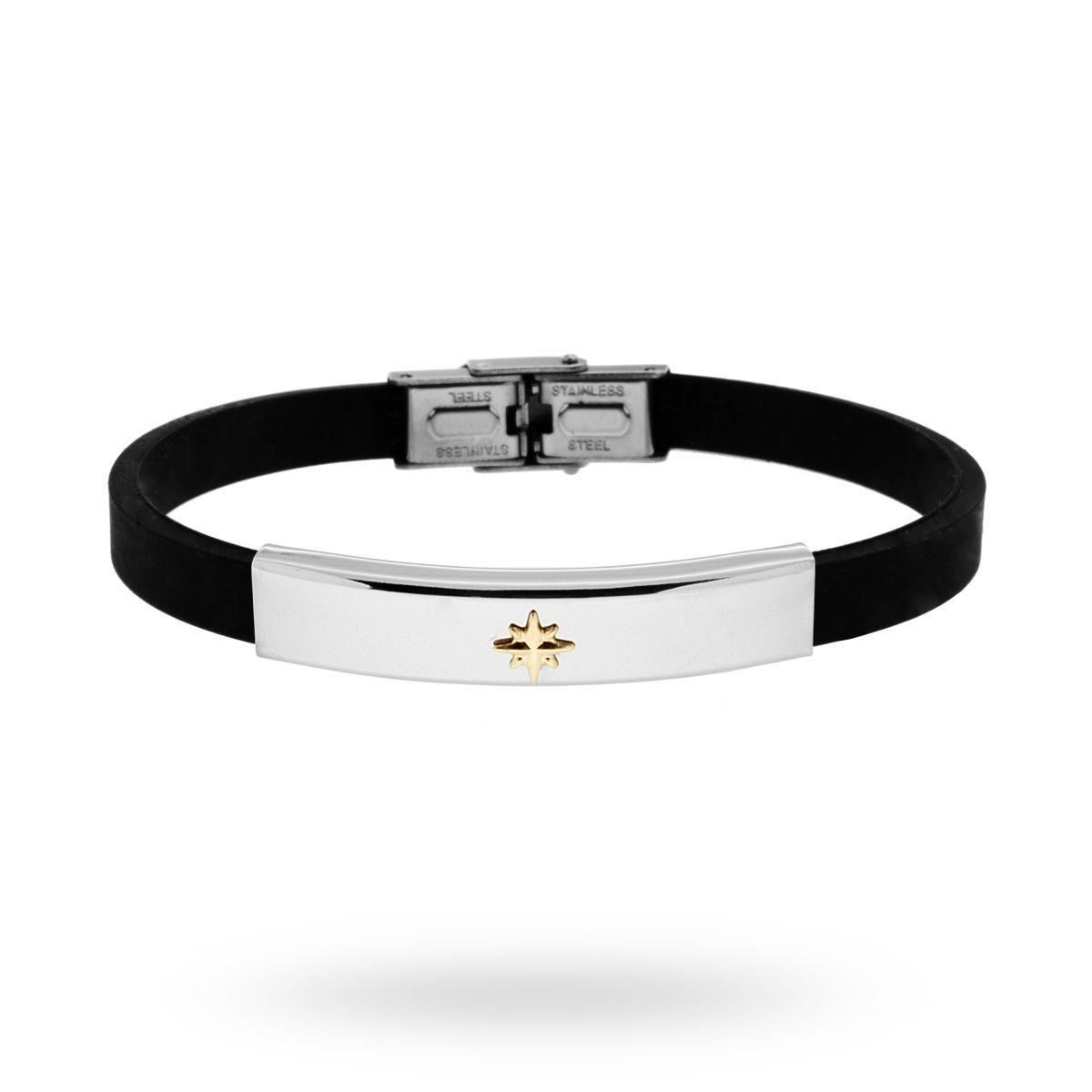 Bracciale in Caucciu PVC nero e Targa con Rosa dei Venti colore Oro in ACCIAIO