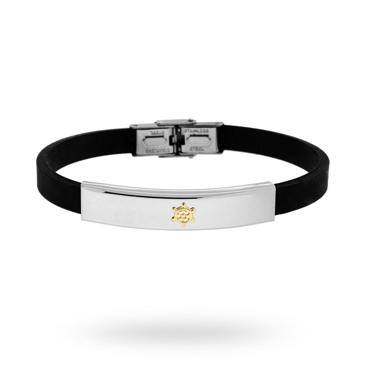 Bracciale in Caucciu PVC nero e Targa con Timone colore Oro in ACCIAIO