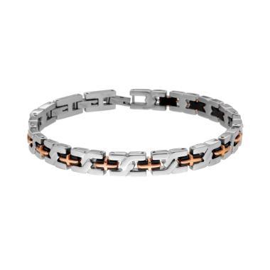 Bracciale Uomo Maglia Imperniata con Catena Acciaio e Croci colore Rosa in ACCIAIO
