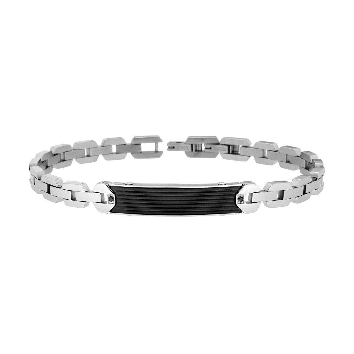 Bracciale Uomo Maglia Imperniata e Targa Nera con Crystal Neri in ACCIAIO