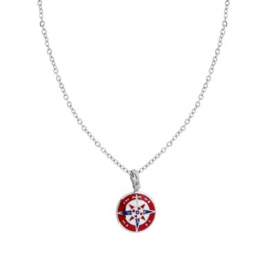 Collana Catena Forzatina Diamantata con Tondo Smalto Multicolor e Rosa dei Venti in ACCIAIO
