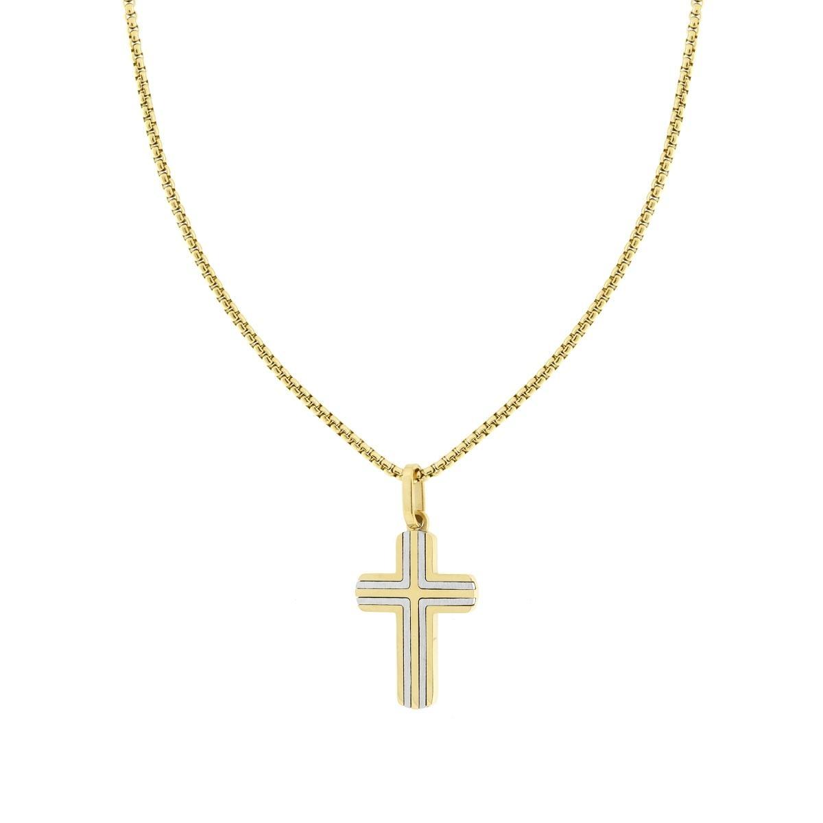 Collana Catena Veneziana Tonda con Croce in ACCIAIO colore Oro