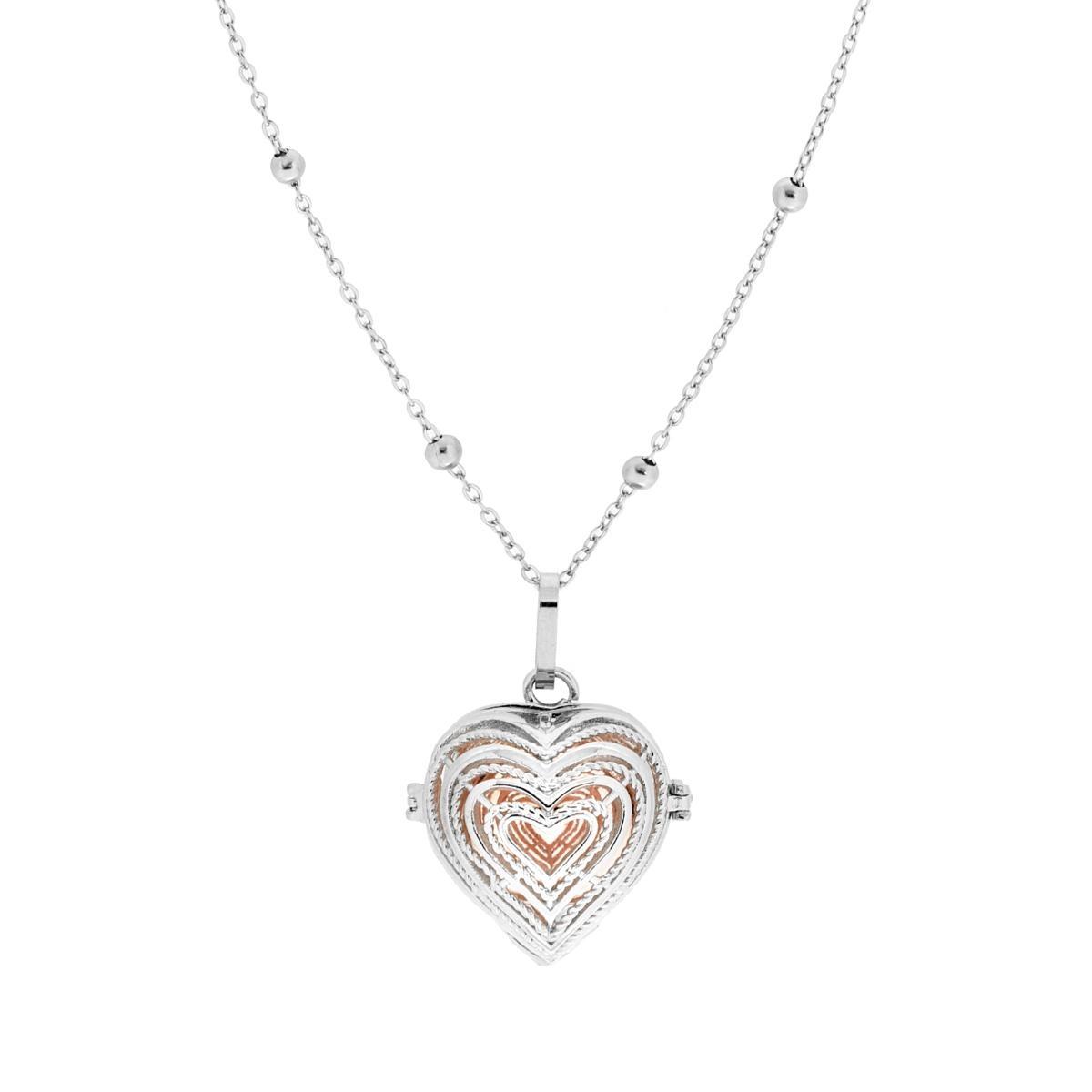 Collana Catena Forzatina con Palline e Chiama Angeli Cuore e Sonaglio Rosa in ACCIAIO