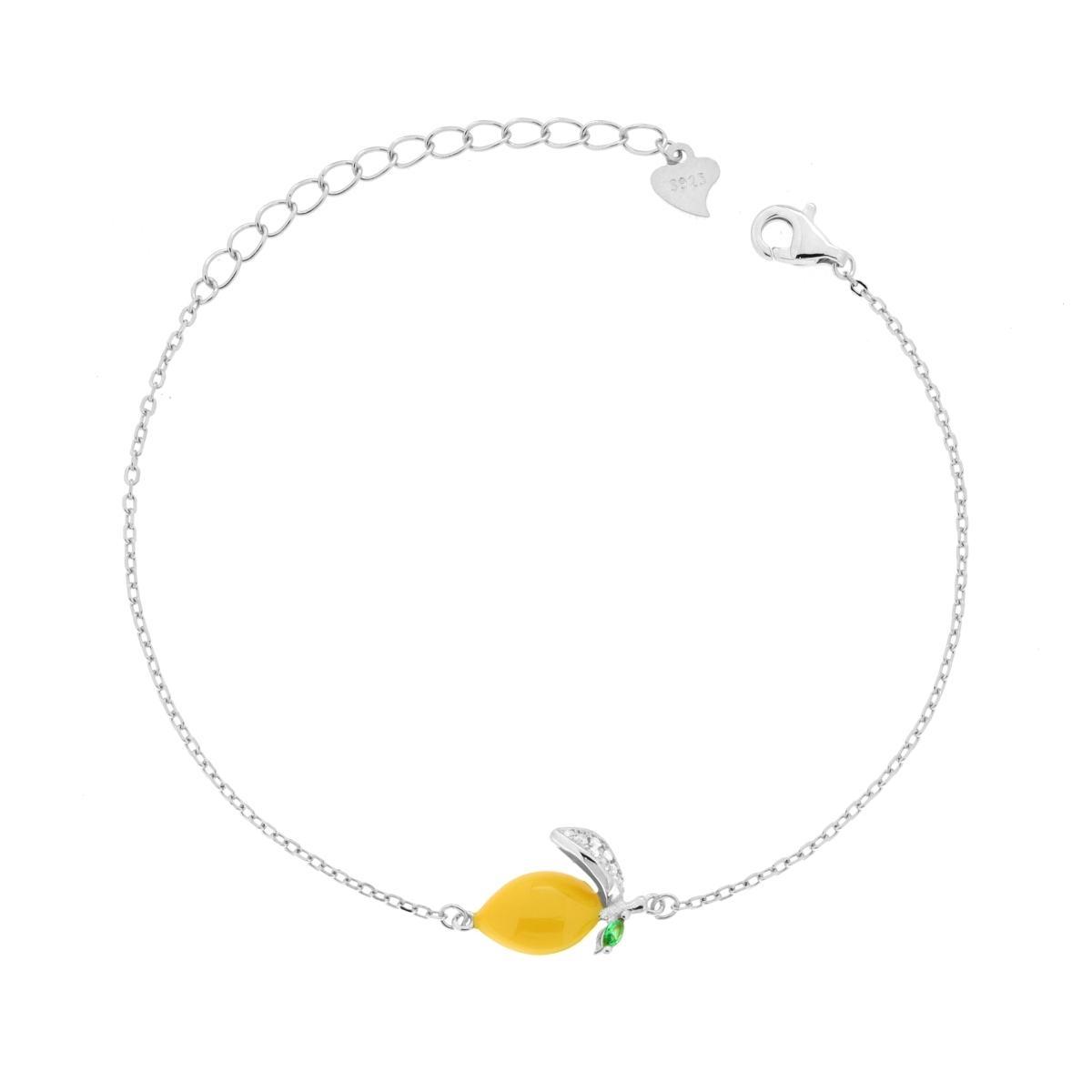Bracciale Catena Forzatina Diamantata con Limone Smalto Giallo con Cubic Zirconia Bianchi in ARGENTO 925 Galvanica Rodio