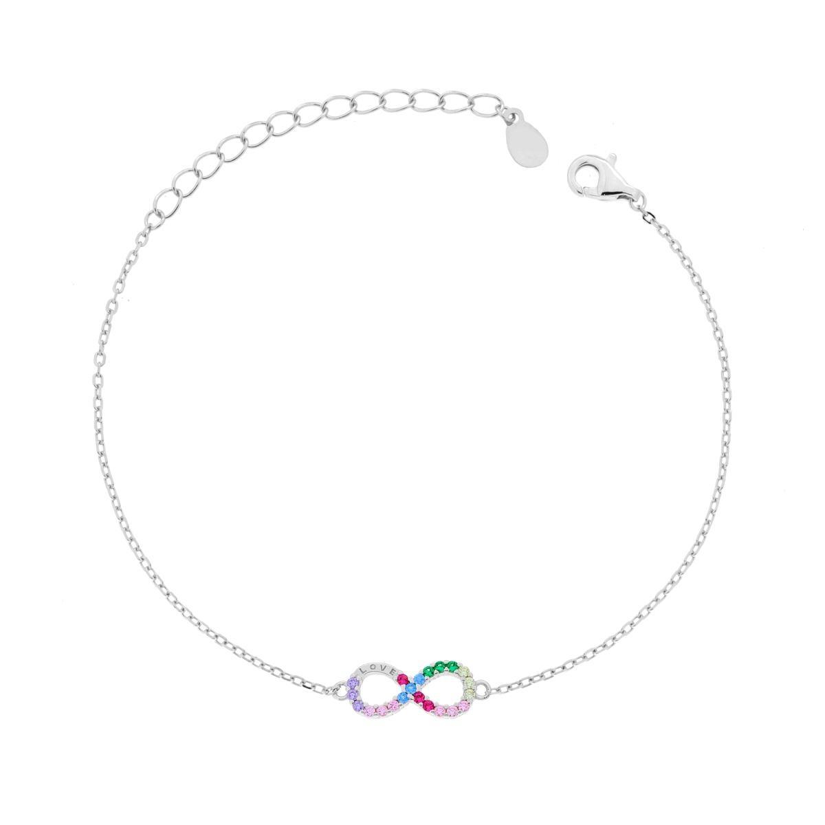 Bracciale Catena Forzatina Diamantata con Infinito Cubic Zirconia Multicolor e Scritta LOVE in ARGENTO 925 Galvanica Rodio
