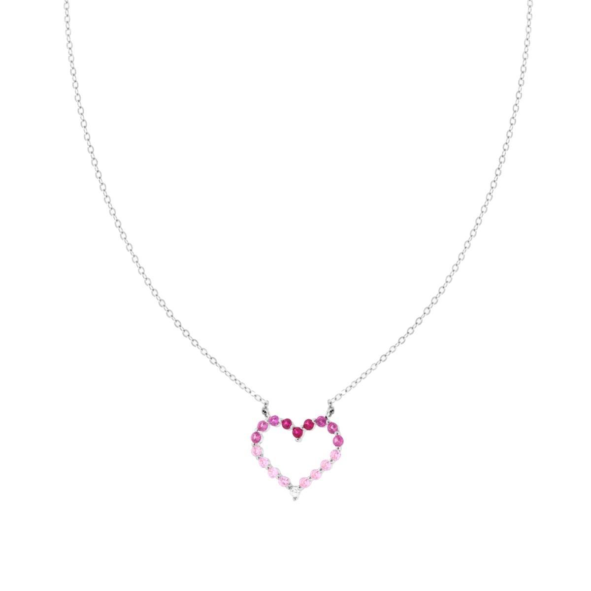 Collana Catena Forzatina Diamantata Cuore con Cubic Zirconia Rosso Rubino degrade in ARGENTO 925 Galvanica Rodio