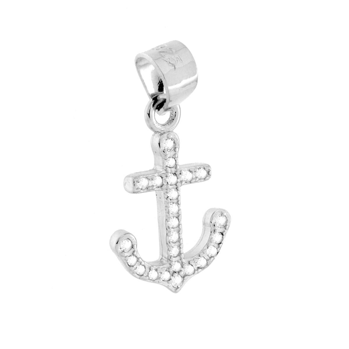 Ciondolo Ancora con Cubic Zirconia Bianchi in ARGENTO 925 Galvanica Rodio