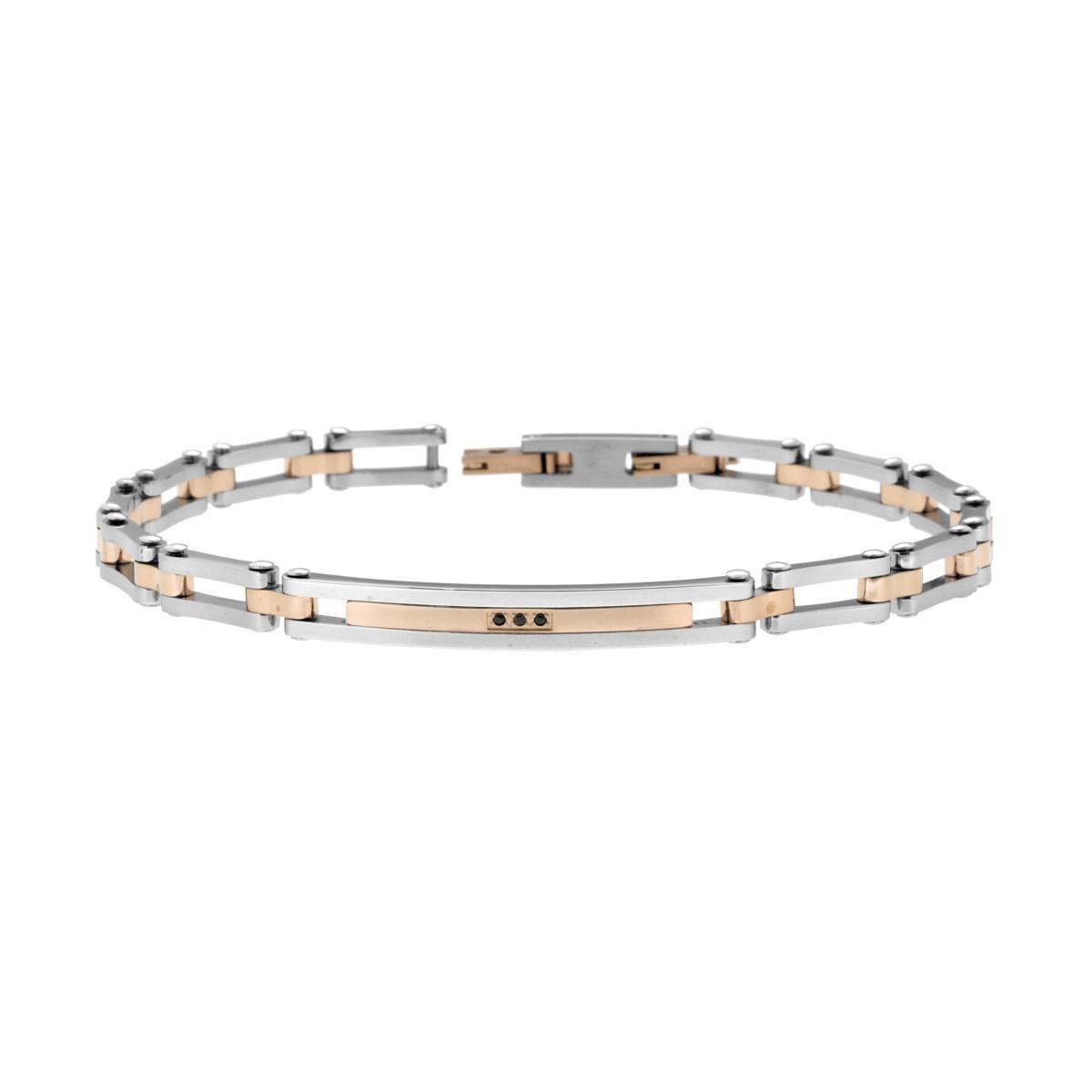 Bracciale Uomo Maglia Imperniata con Targa dettagli colore Rosa e Crystal Neri in ACCIAIO