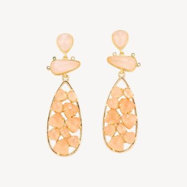 Orecchini in bronzo con pietre dure 21x65,5mm quarzo rosa e occhio di gatto arancione